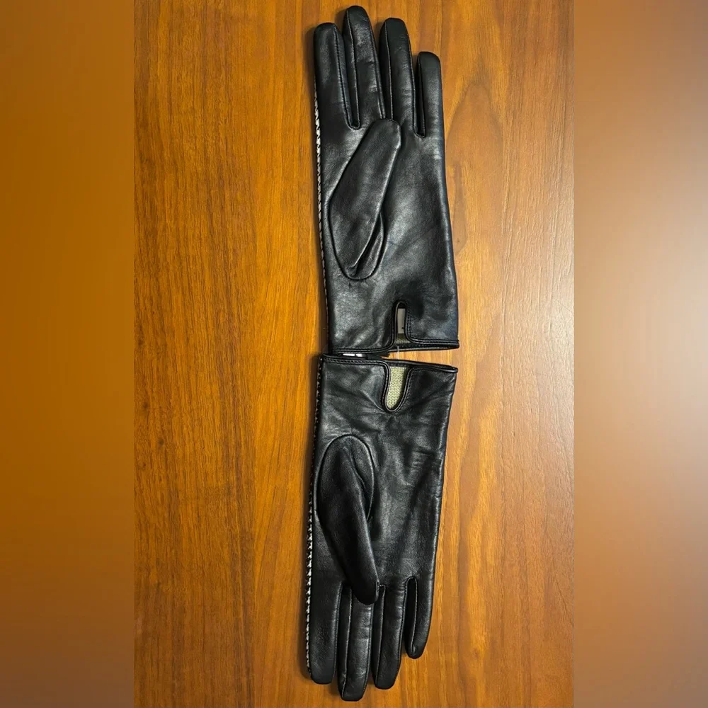 Worthington Black Leather Gloves with Black-and-White Houndstooth Back